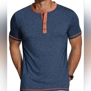 Men's Blue Short-Sleeve Henley with Contrast Coral Trim